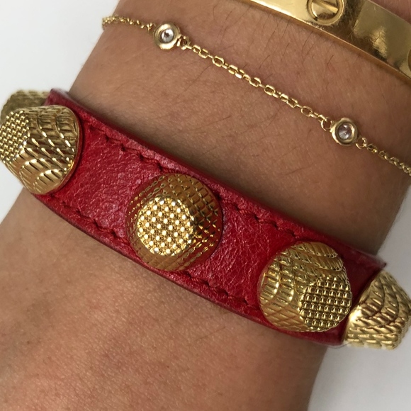 Balenciaga Arena Giant Stud Red Leather Bracelet - Picture 4 of 6